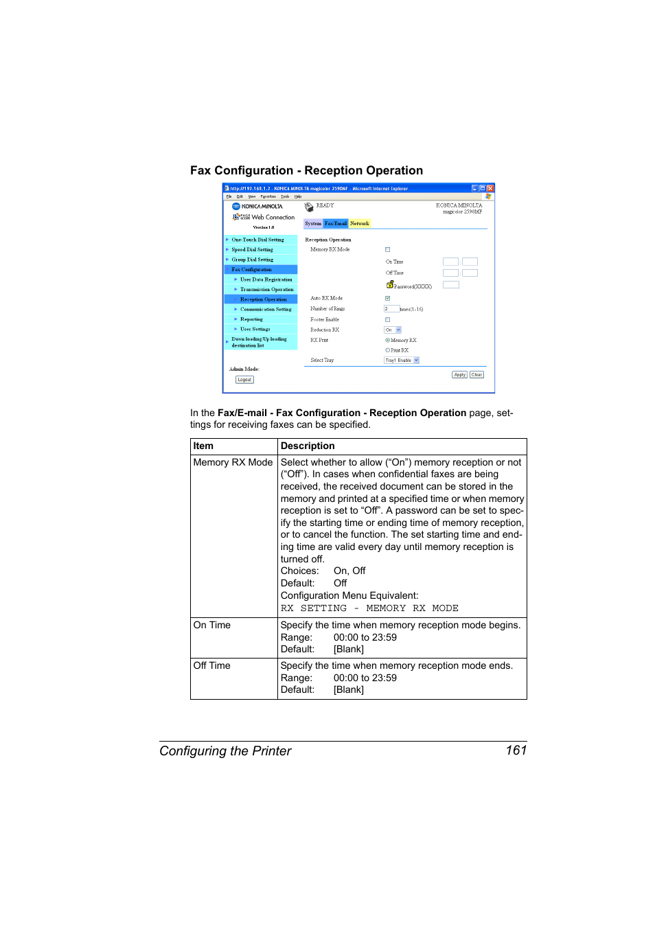 Fax configuration - reception operation, Fax configuration - reception operation 161, Configuring the printer 161 | Konica Minolta magicolor 2590MF User Manual | Page 171 / 198