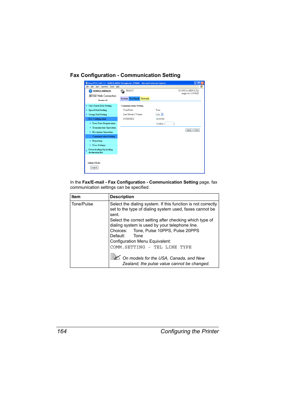 Fax configuration - communication setting, Fax configuration - communication setting 164 | Konica Minolta magicolor 2590MF User Manual | Page 174 / 198