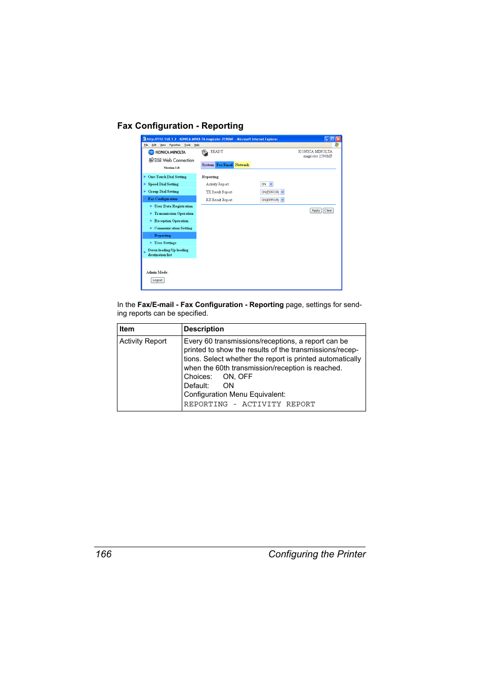 Fax configuration - reporting, Fax configuration - reporting 166, Configuring the printer 166 | Konica Minolta magicolor 2590MF User Manual | Page 176 / 198