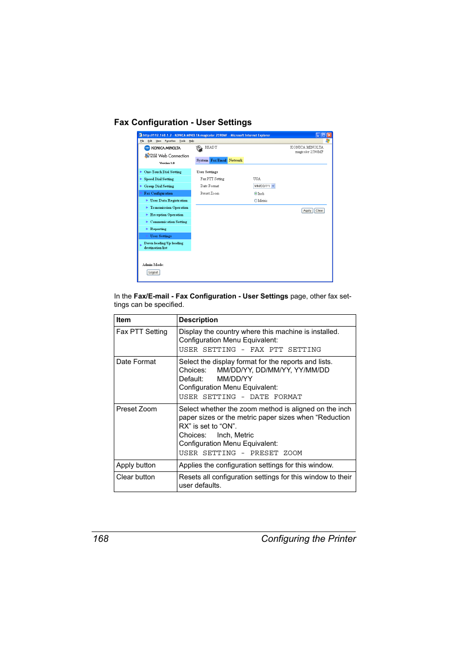 Fax configuration - user settings, Fax configuration - user settings 168, Configuring the printer 168 | Konica Minolta magicolor 2590MF User Manual | Page 178 / 198