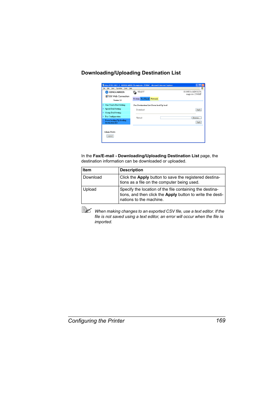 Downloading/uploading destination list, Downloading/uploading destination list 169 | Konica Minolta magicolor 2590MF User Manual | Page 179 / 198
