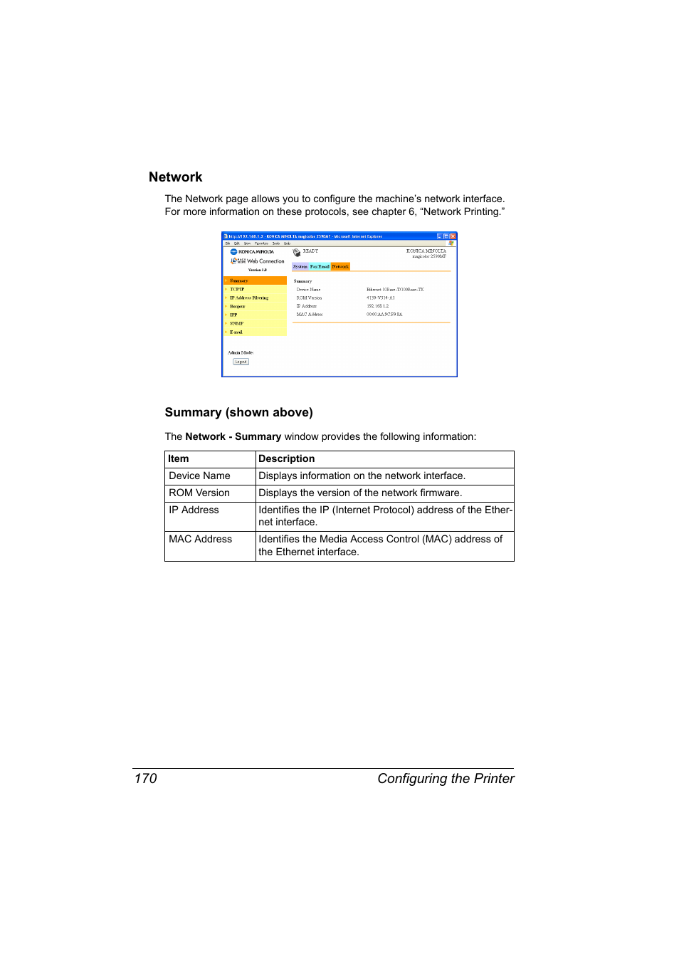 Network, Summary (shown above), Network 170 | Summary (shown above) 170, Configuring the printer 170 network | Konica Minolta magicolor 2590MF User Manual | Page 180 / 198