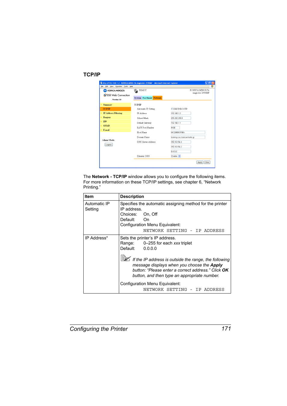 Tcp/ip, Tcp/ip 171, Configuring the printer 171 | Konica Minolta magicolor 2590MF User Manual | Page 181 / 198