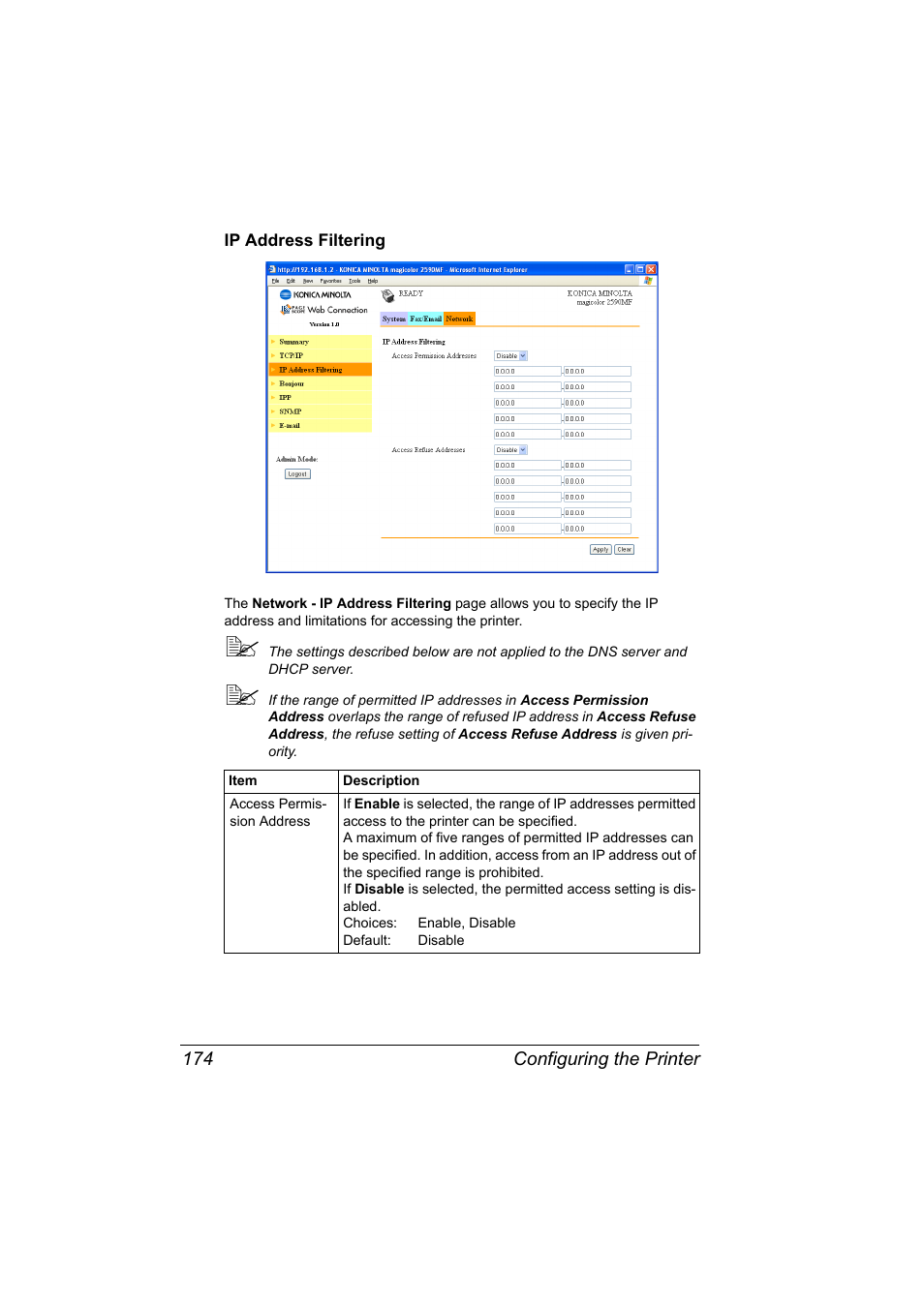 Ip address filtering, Ip address filtering 174 | Konica Minolta magicolor 2590MF User Manual | Page 184 / 198