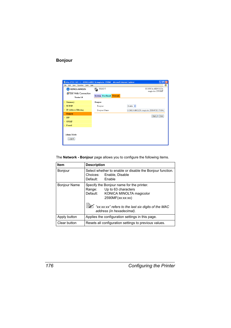 Bonjour, Bonjour 176, Configuring the printer 176 | Konica Minolta magicolor 2590MF User Manual | Page 186 / 198