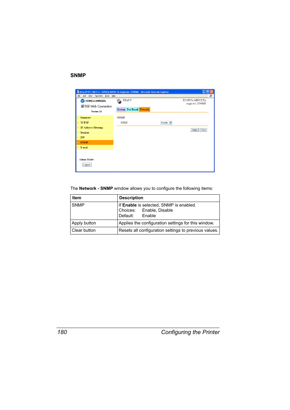 Snmp, Snmp 180, Configuring the printer 180 | Konica Minolta magicolor 2590MF User Manual | Page 190 / 198