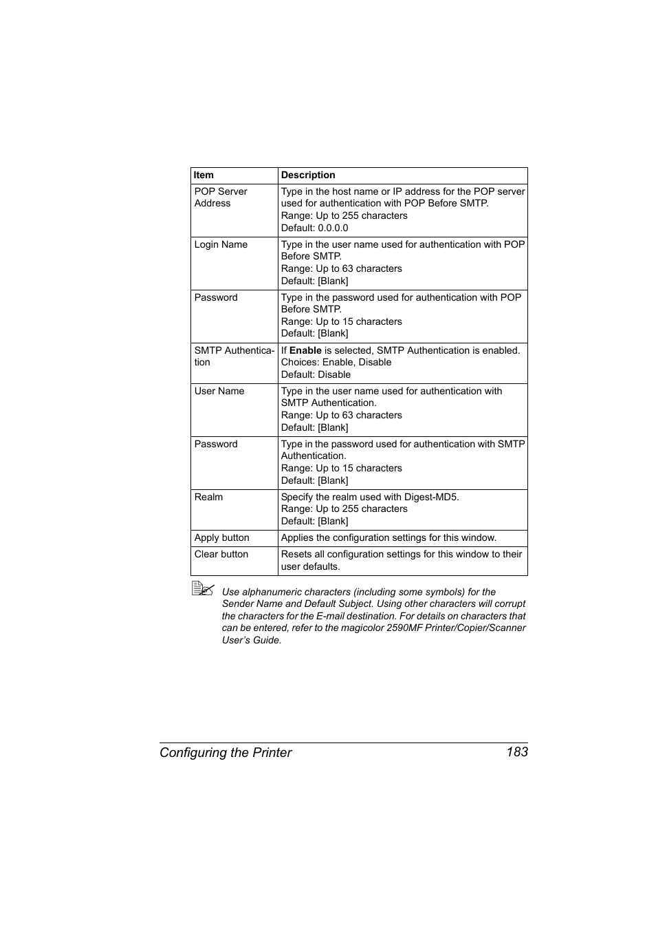 Configuring the printer 183 | Konica Minolta magicolor 2590MF User Manual | Page 193 / 198