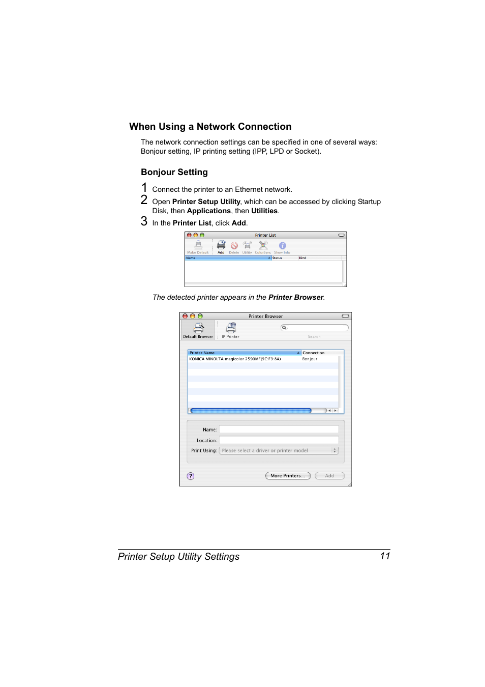 When using a network connection, Bonjour setting, When using a network connection 11 | Bonjour setting 11 | Konica Minolta magicolor 2590MF User Manual | Page 21 / 198
