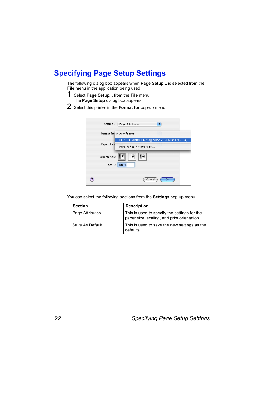 Specifying page setup settings | Konica Minolta magicolor 2590MF User Manual | Page 32 / 198