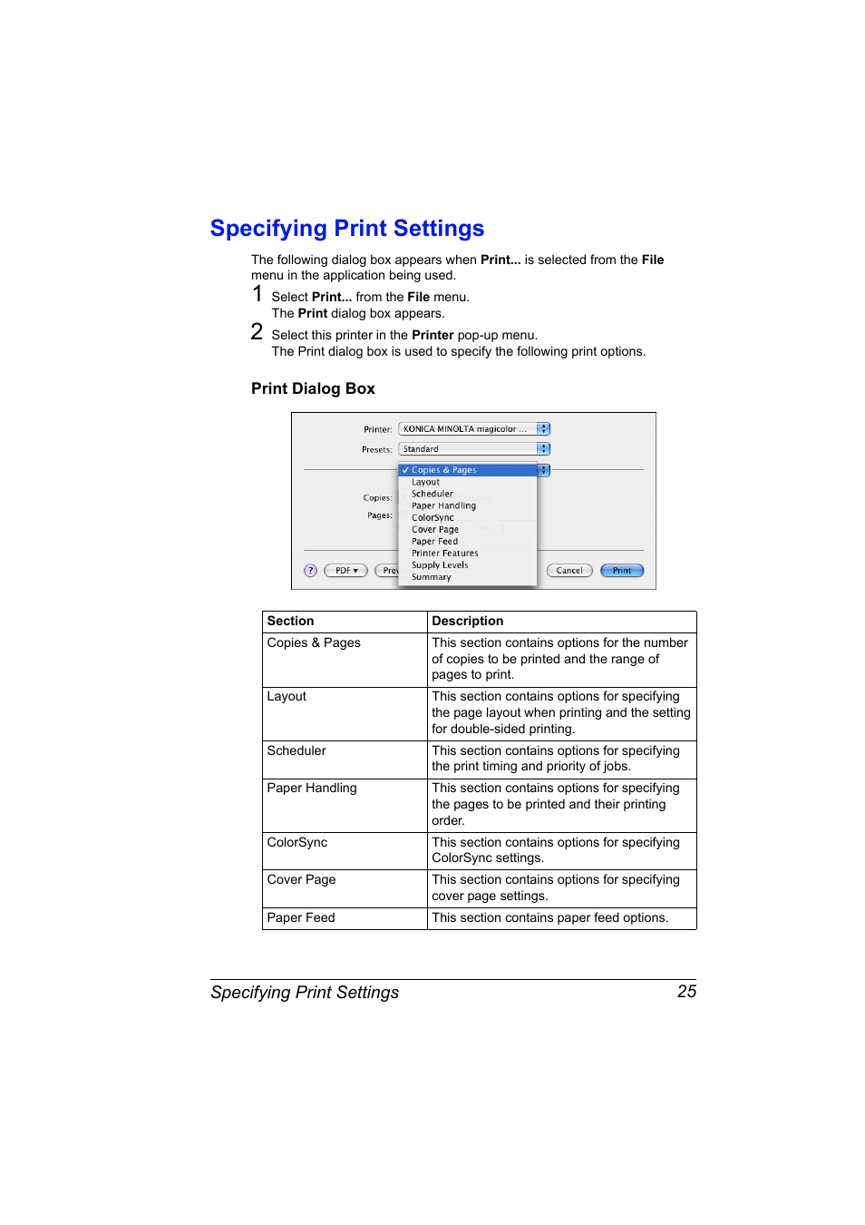 Specifying print settings, Print dialog box, Specifying print settings 25 | Print dialog box 25 | Konica Minolta magicolor 2590MF User Manual | Page 35 / 198