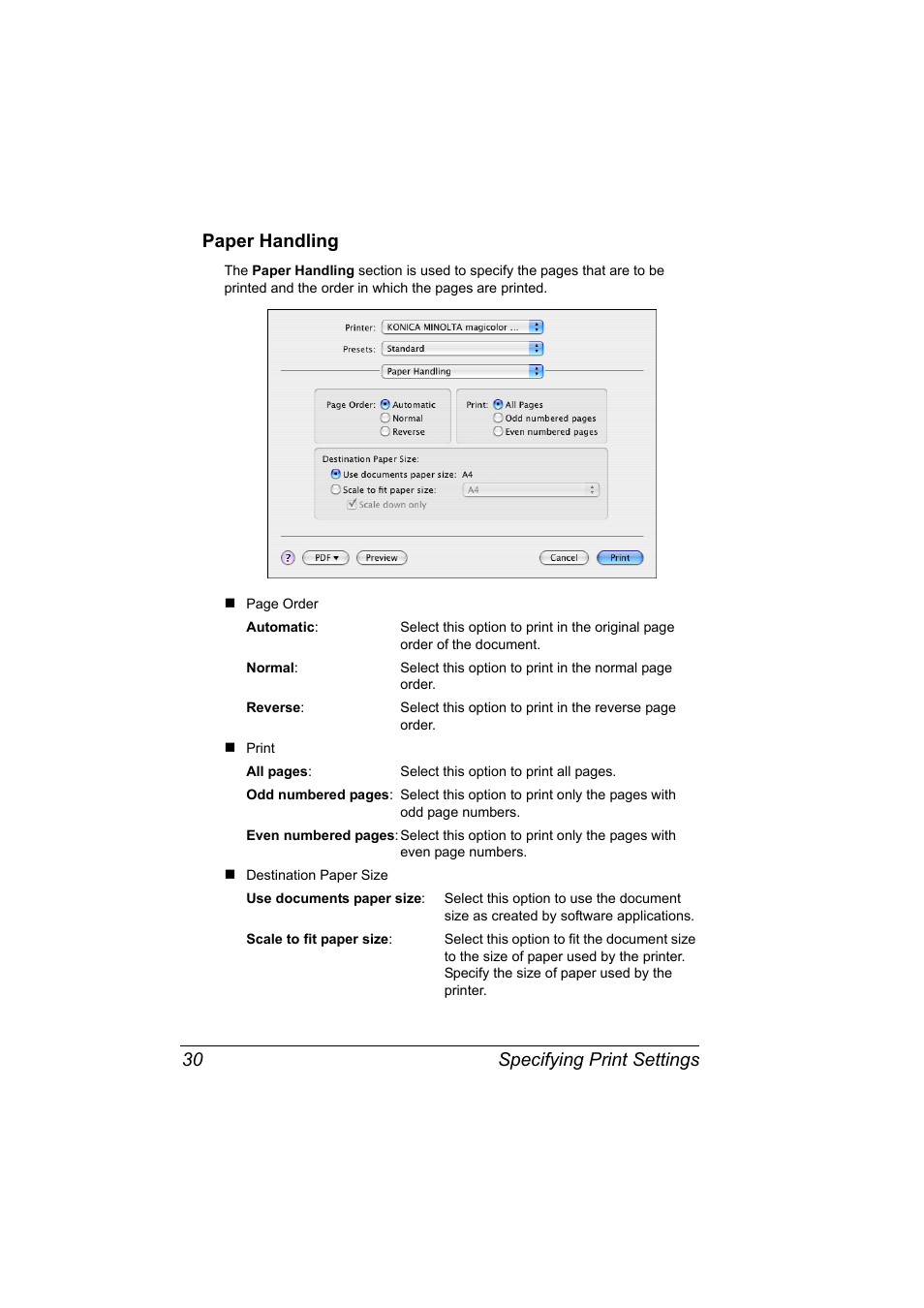 Paper handling, Paper handling 30, Specifying print settings 30 paper handling | Konica Minolta magicolor 2590MF User Manual | Page 40 / 198