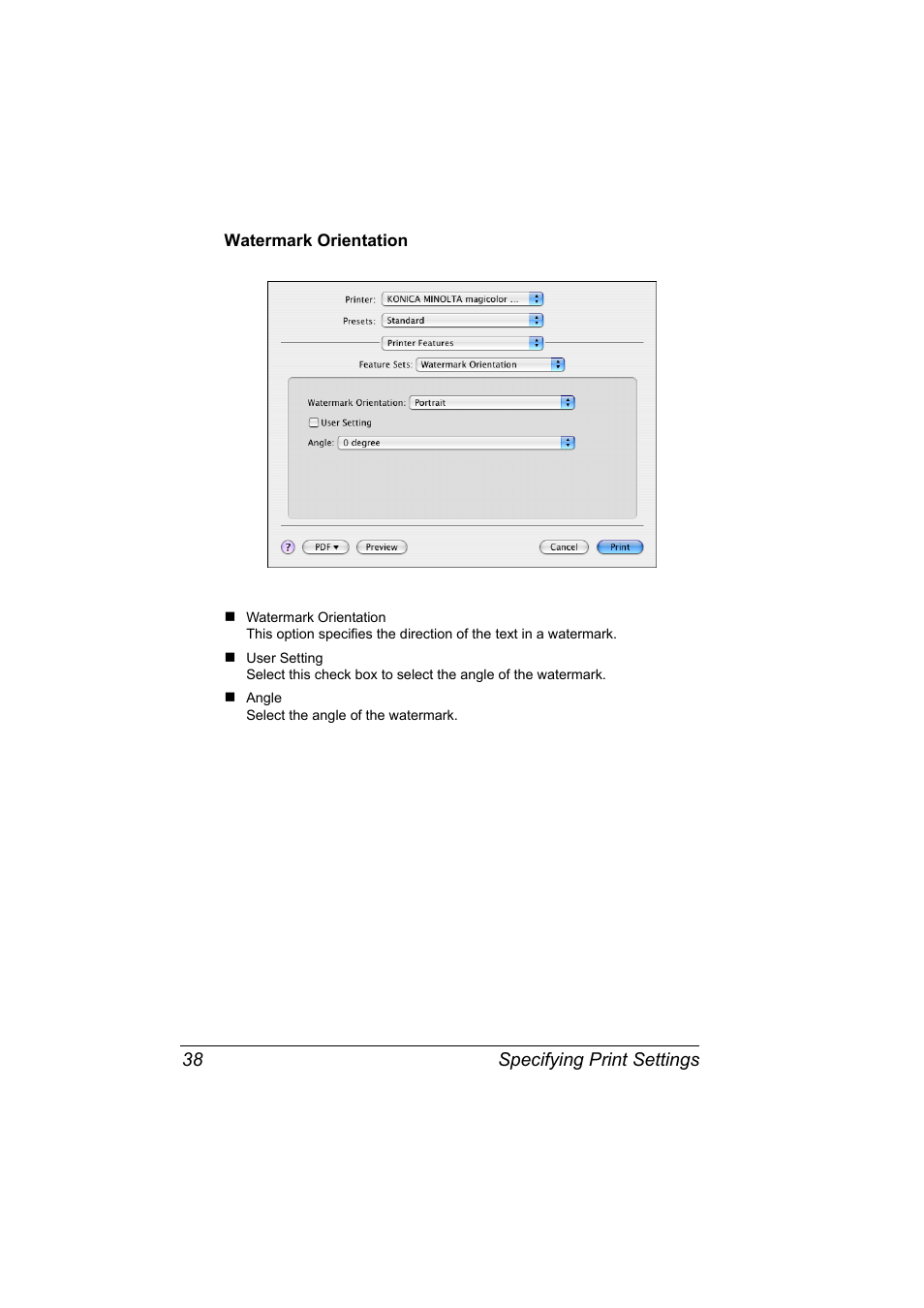 Watermark orientation, Watermark orientation 38 | Konica Minolta magicolor 2590MF User Manual | Page 48 / 198