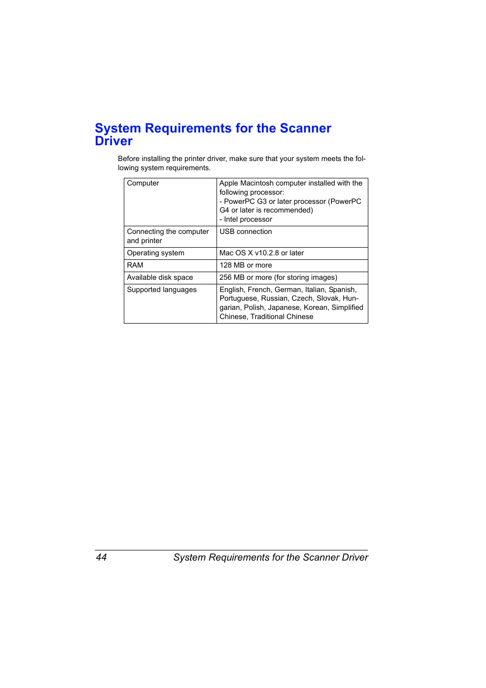 System requirements for the scanner driver, System requirements for the scanner driver 44 | Konica Minolta magicolor 2590MF User Manual | Page 54 / 198