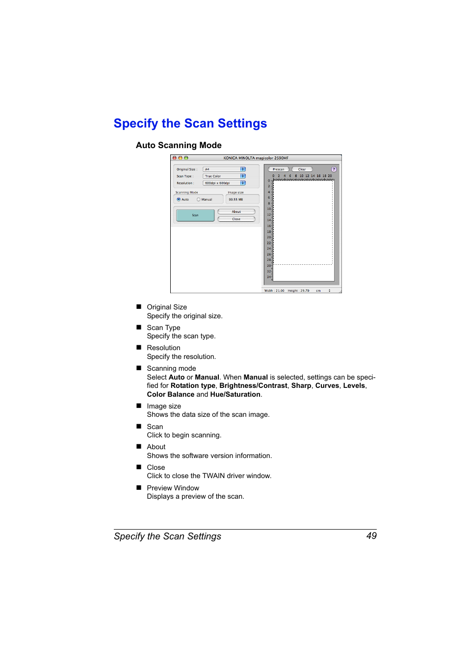 Specify the scan settings, Auto scanning mode, Specify the scan settings 49 | Auto scanning mode 49 | Konica Minolta magicolor 2590MF User Manual | Page 59 / 198