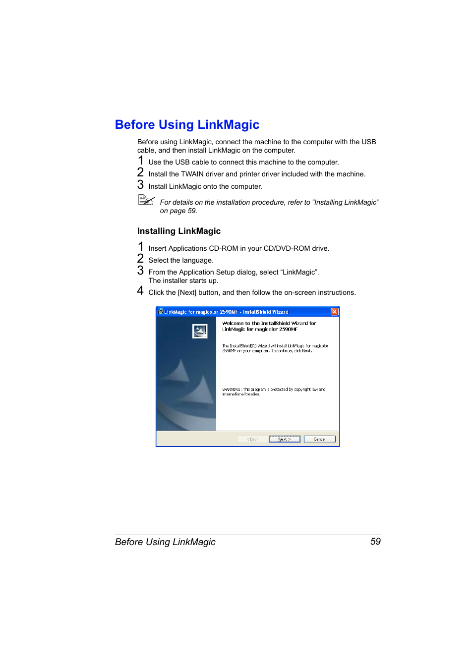 Before using linkmagic, Installing linkmagic, Before using linkmagic 59 | Installing linkmagic 59 | Konica Minolta magicolor 2590MF User Manual | Page 69 / 198
