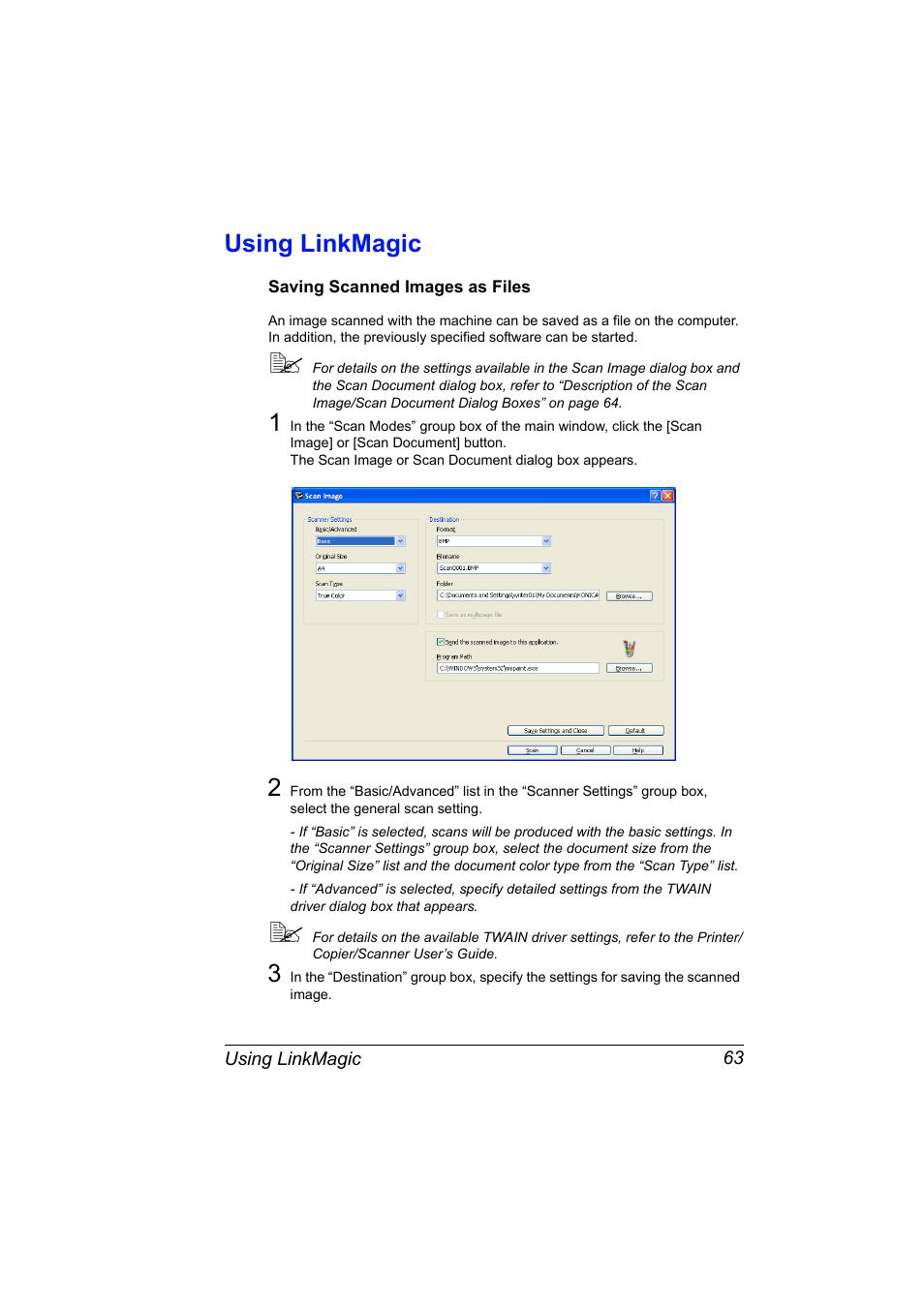 Using linkmagic, Saving scanned images as files, Using linkmagic 63 | Saving scanned images as files 63 | Konica Minolta magicolor 2590MF User Manual | Page 73 / 198
