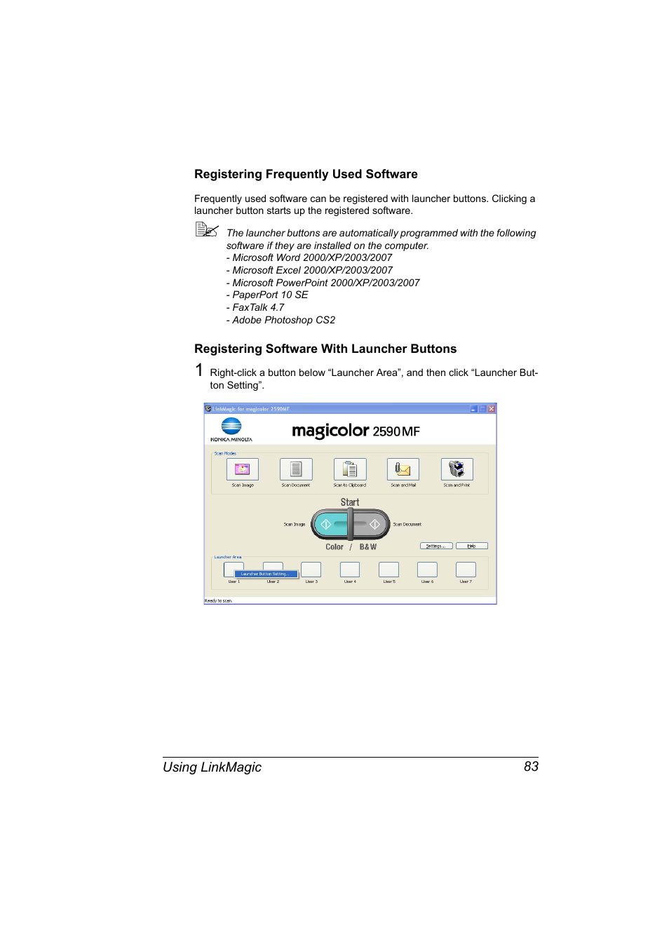 Registering frequently used software, Registering software with launcher buttons | Konica Minolta magicolor 2590MF User Manual | Page 93 / 198