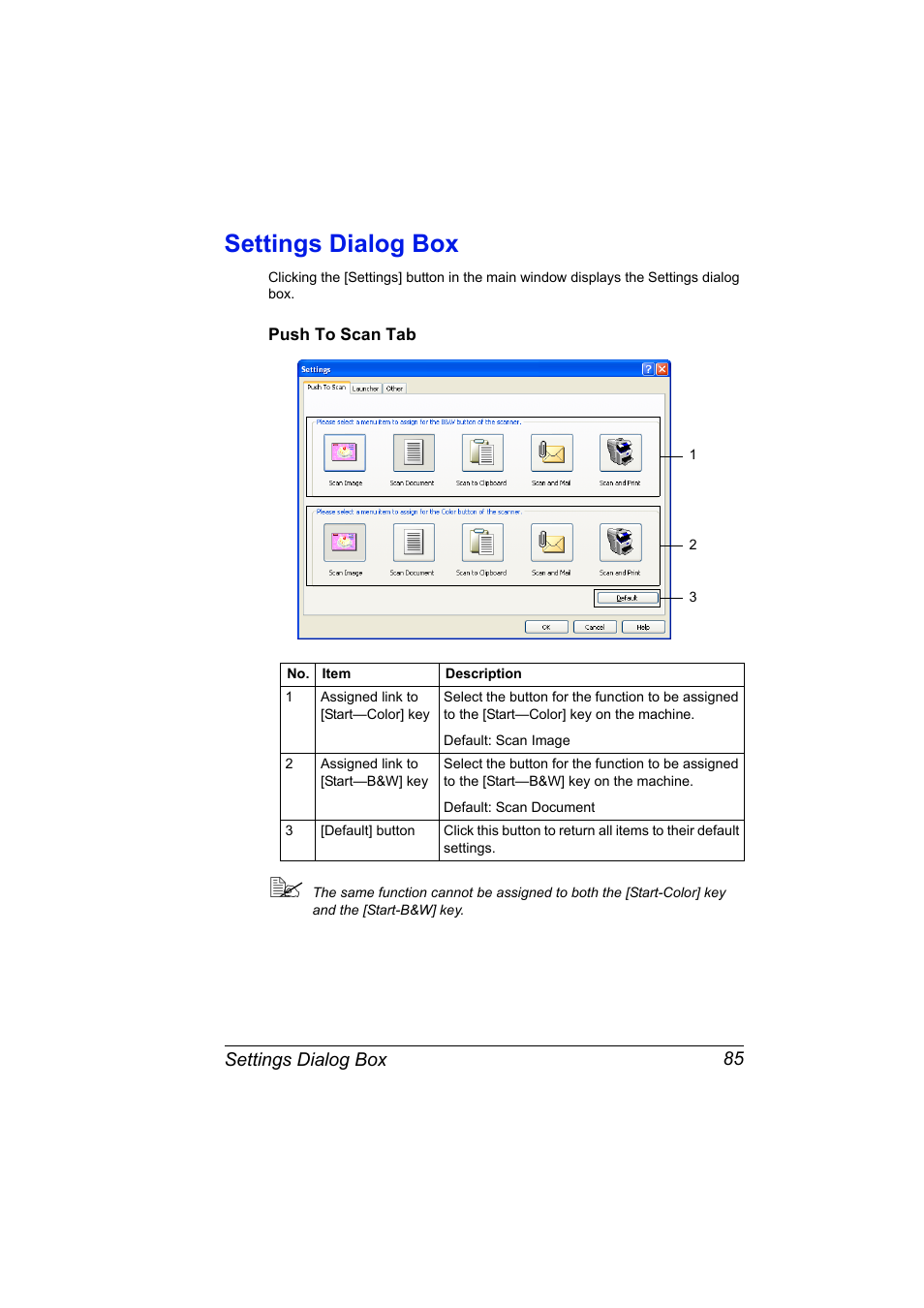 Settings dialog box, Push to scan tab, Settings dialog box 85 | Push to scan tab 85 | Konica Minolta magicolor 2590MF User Manual | Page 95 / 198