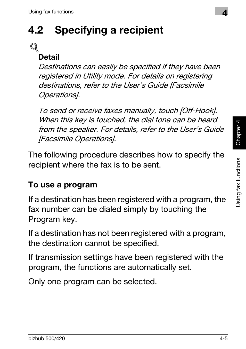 2 specifying a recipient, To use a program, 2 specifying a recipient -5 | To use a program -5 | Konica Minolta bizhub 500 User Manual | Page 111 / 150