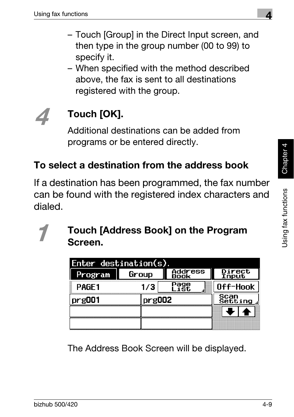 To select a destination from the address book, To select a destination from the address book -9 | Konica Minolta bizhub 500 User Manual | Page 115 / 150