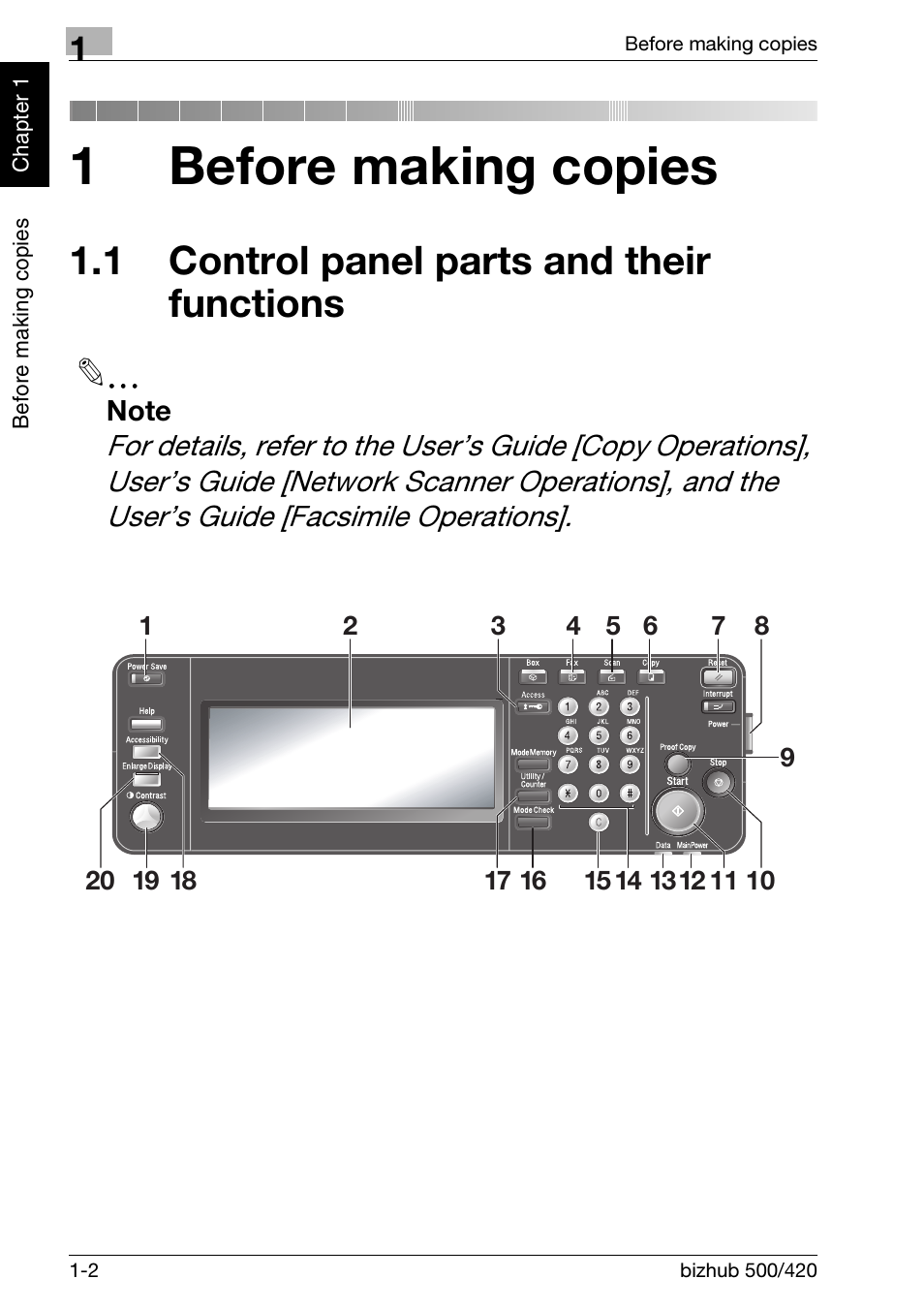 1 before making copies, 1 control panel parts and their functions, 1 control panel parts and their functions .1-2 | 1before making copies | Konica Minolta bizhub 500 User Manual | Page 12 / 150