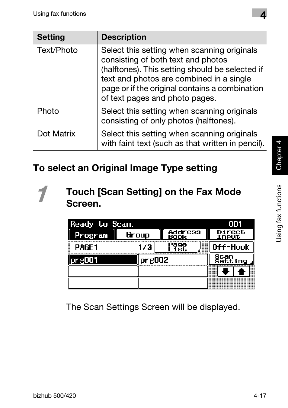 To select an original image type setting, To select an original image type setting -17, Touch [scan setting] on the fax mode screen | Konica Minolta bizhub 500 User Manual | Page 123 / 150