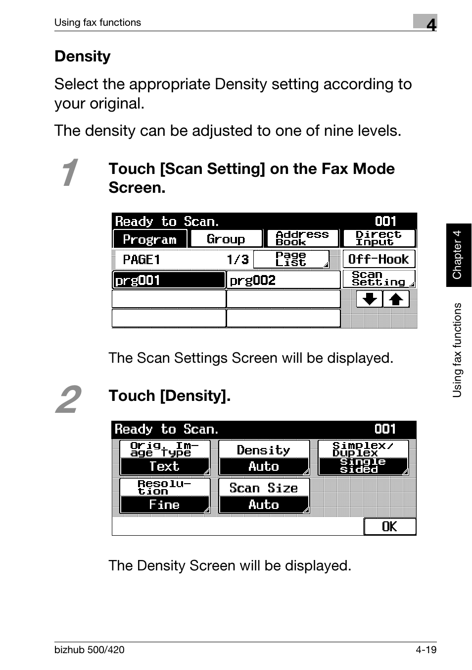 Density, Density -19 | Konica Minolta bizhub 500 User Manual | Page 125 / 150