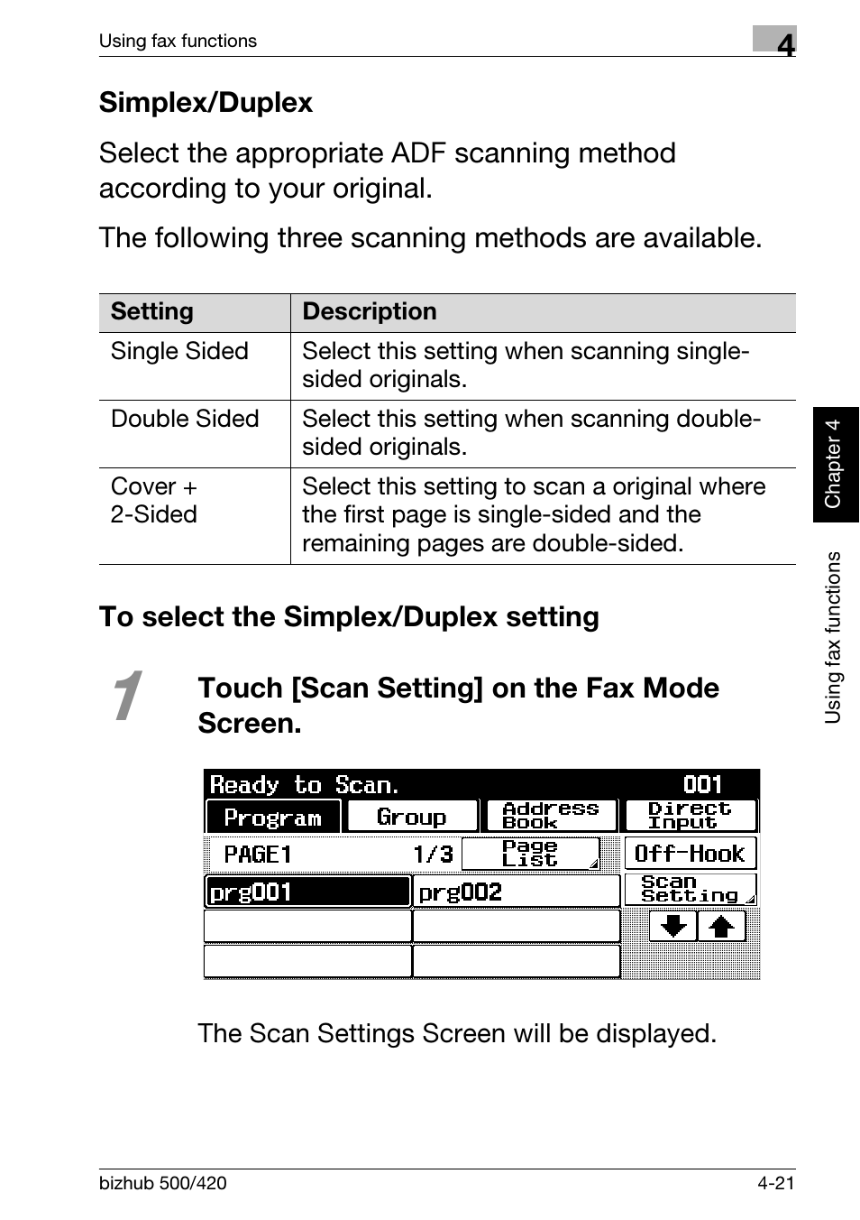 Simplex/duplex, To select the simplex/duplex setting | Konica Minolta bizhub 500 User Manual | Page 127 / 150