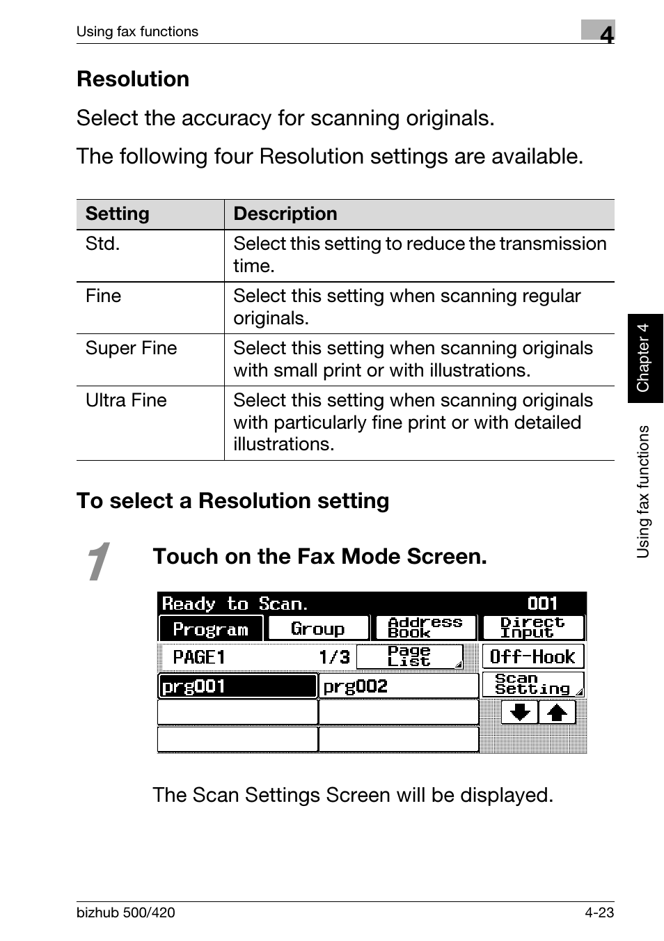 Resolution, To select a resolution setting, Resolution -23 to select a resolution setting -23 | Konica Minolta bizhub 500 User Manual | Page 129 / 150