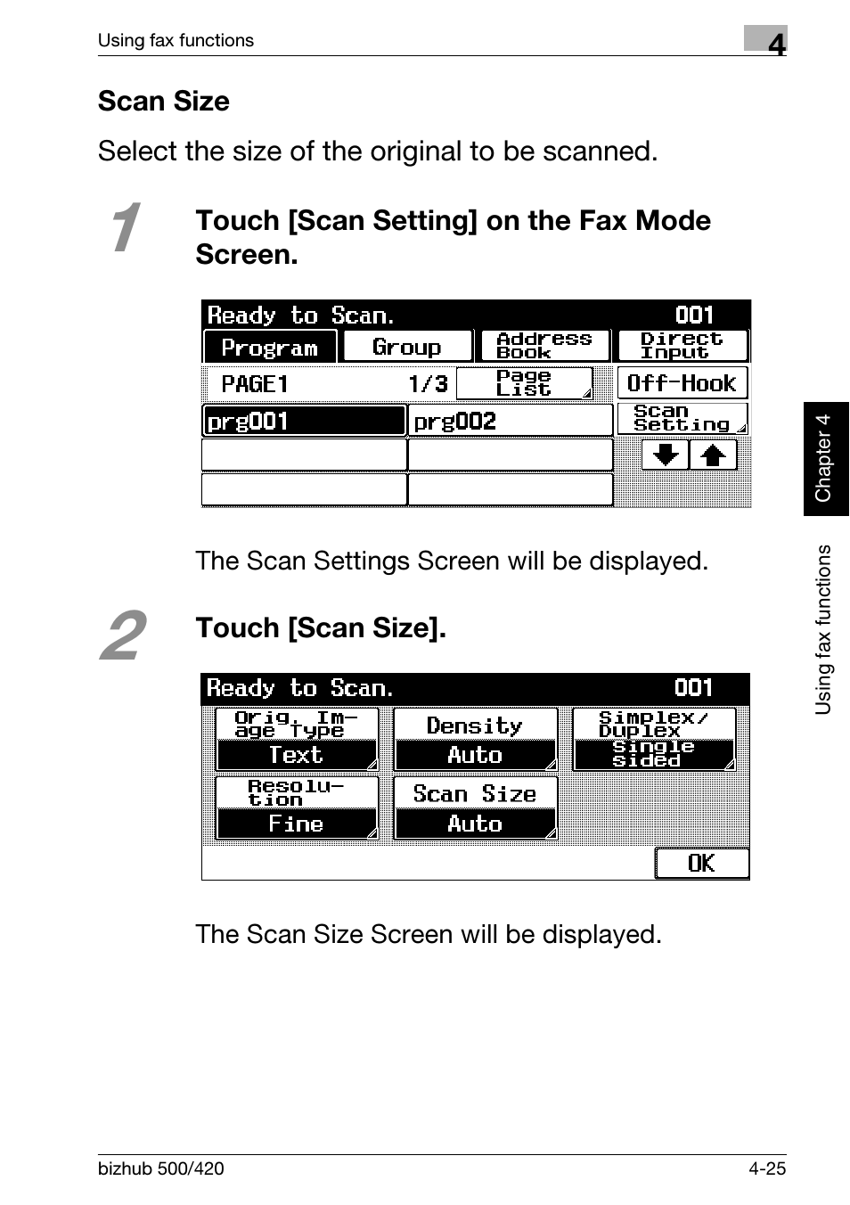 Scan size, Scan size -25 | Konica Minolta bizhub 500 User Manual | Page 131 / 150