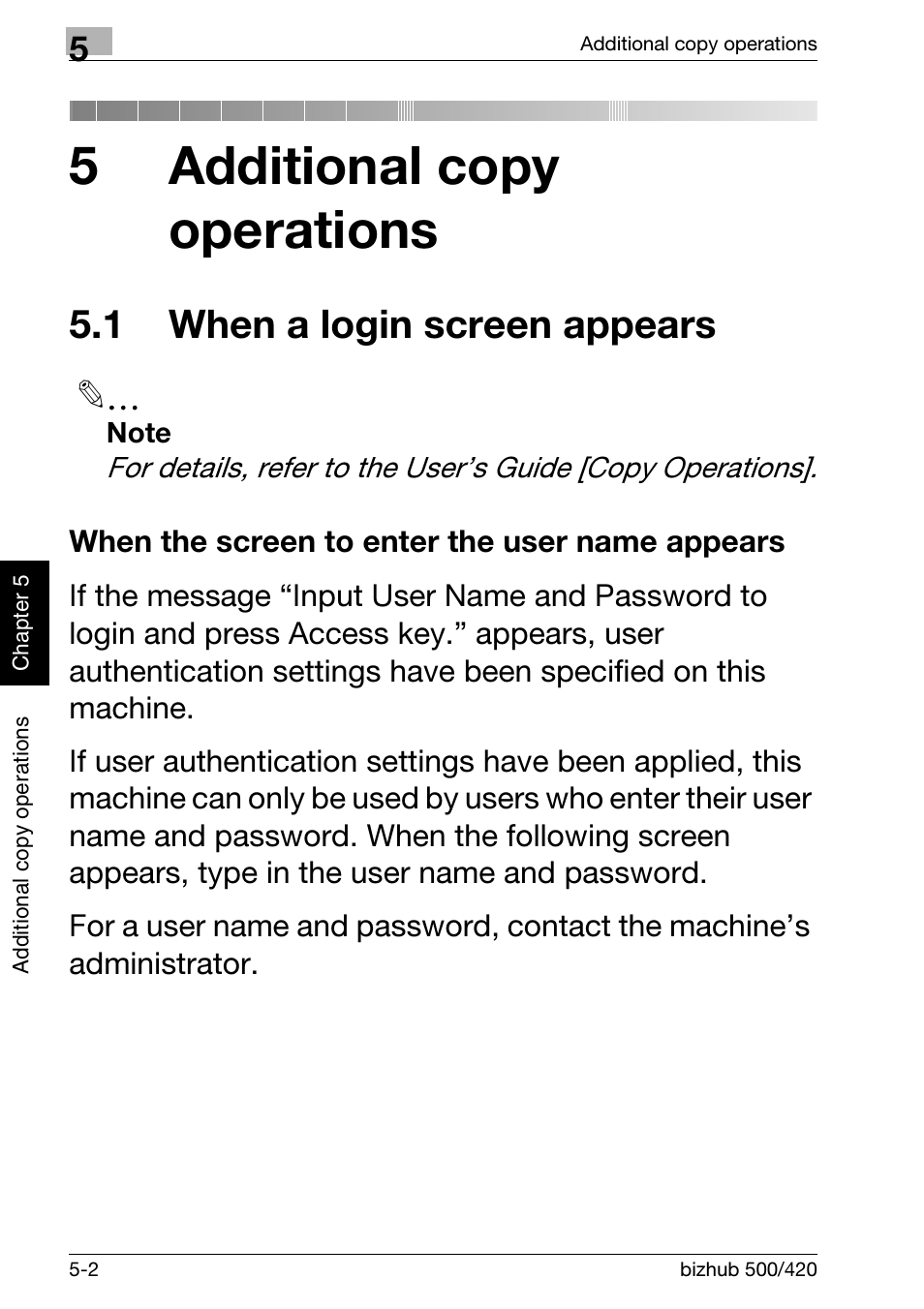 5 additional copy operations, 1 when a login screen appears, When the screen to enter the user name appears | 1 when a login screen appears -2, When the screen to enter the user name appears -2, 5additional copy operations | Konica Minolta bizhub 500 User Manual | Page 134 / 150