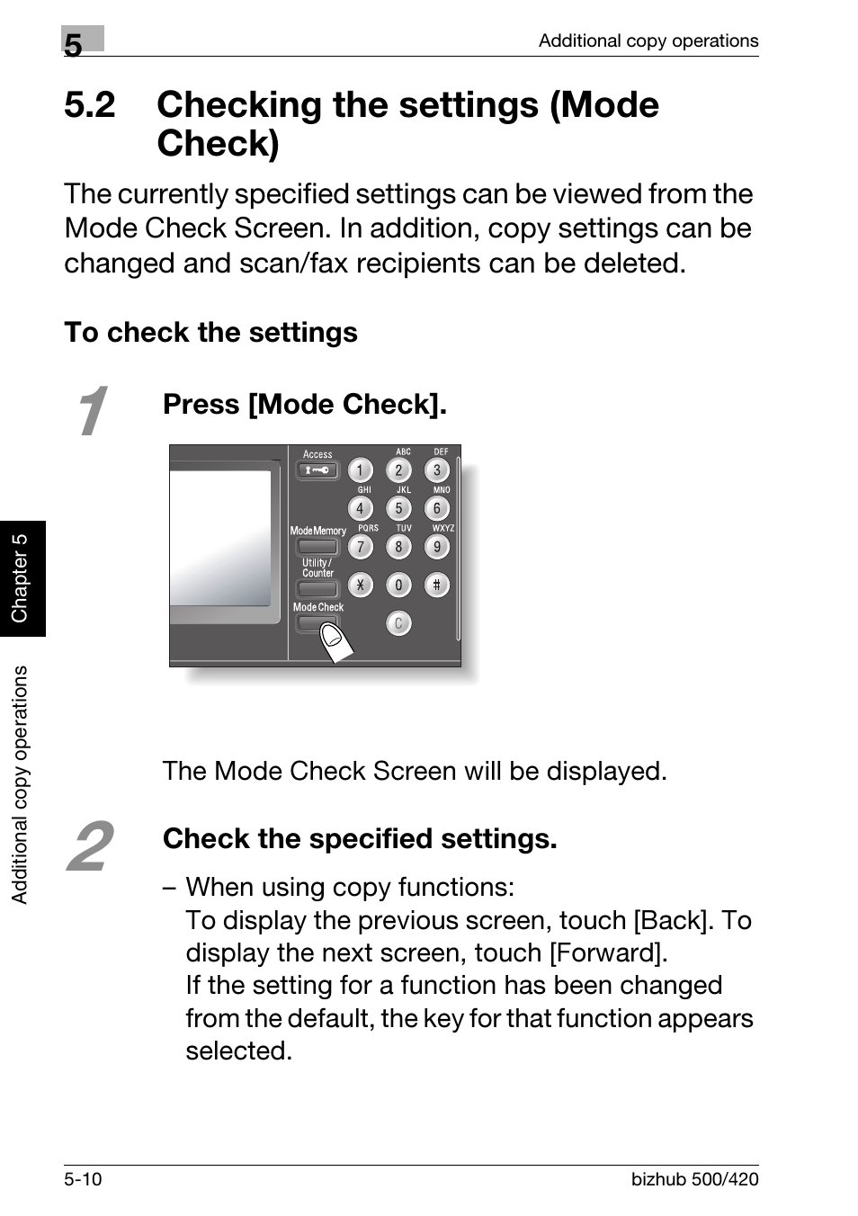 2 checking the settings (mode check), To check the settings, 2 checking the settings | Mode check) -10, To check the settings -10 | Konica Minolta bizhub 500 User Manual | Page 142 / 150