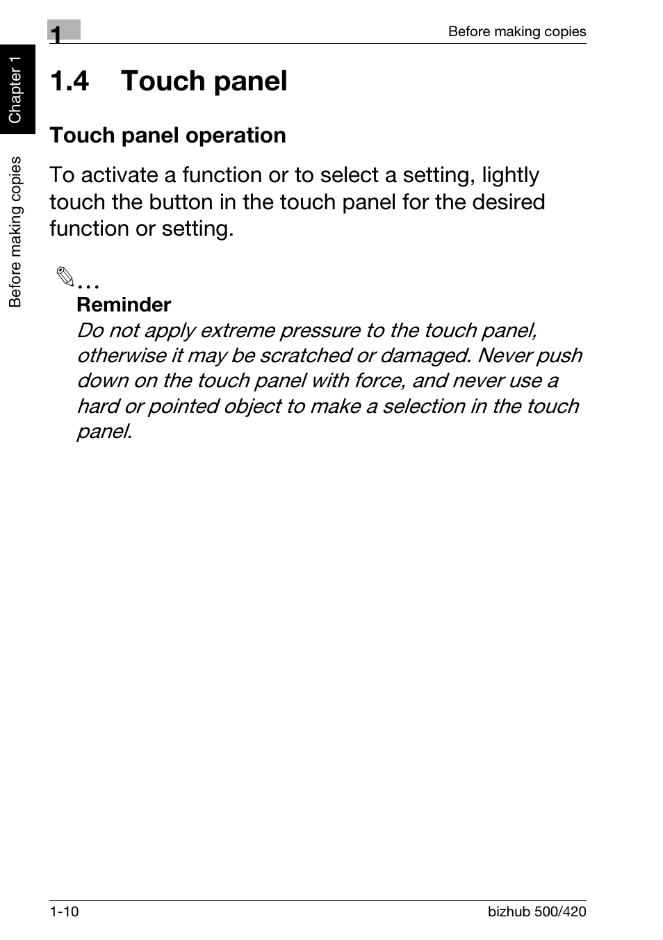 4 touch panel, Touch panel operation, 4 touch panel -10 | Touch panel operation -10 | Konica Minolta bizhub 500 User Manual | Page 20 / 150