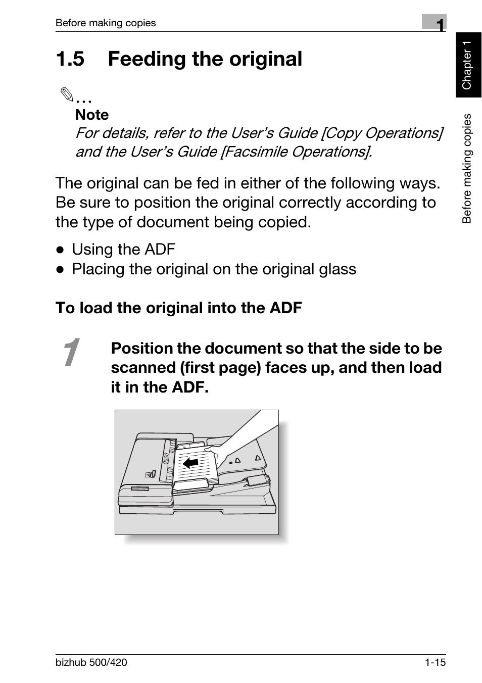 5 feeding the original, To load the original into the adf, 5 feeding the original -15 | To load the original into the adf -15 | Konica Minolta bizhub 500 User Manual | Page 25 / 150