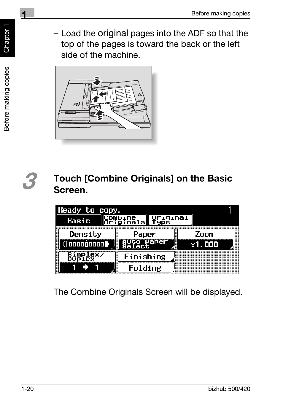 Original, Touch [combine originals] on the basic screen | Konica Minolta bizhub 500 User Manual | Page 30 / 150