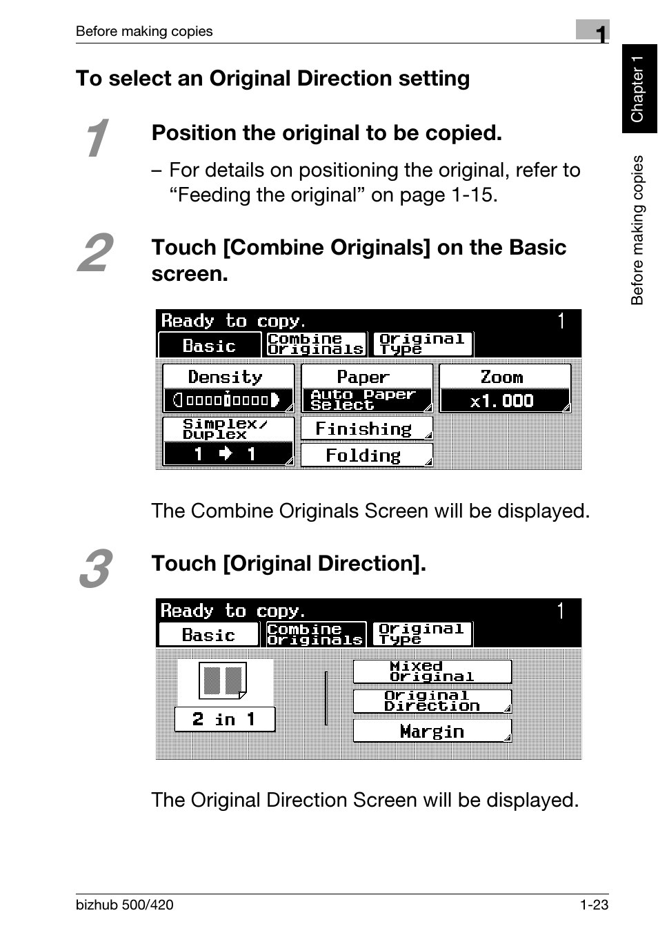 To select an original direction setting, To select an original direction setting . 1-23 | Konica Minolta bizhub 500 User Manual | Page 33 / 150