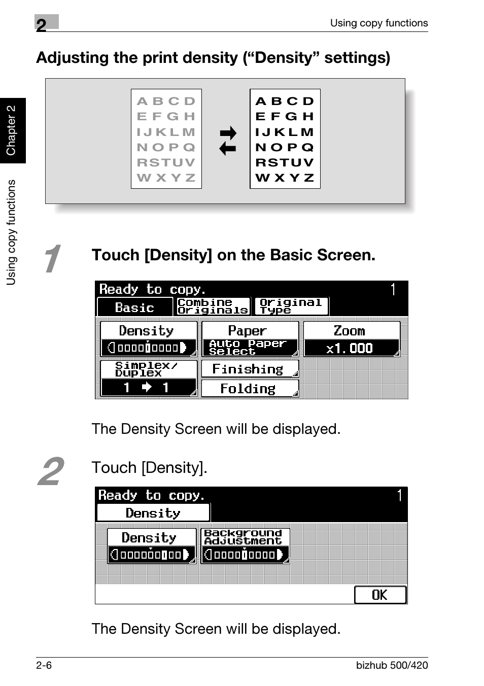 Adjusting the print density (“density” settings), Touch [density] on the basic screen, Touch [density | Konica Minolta bizhub 500 User Manual | Page 42 / 150