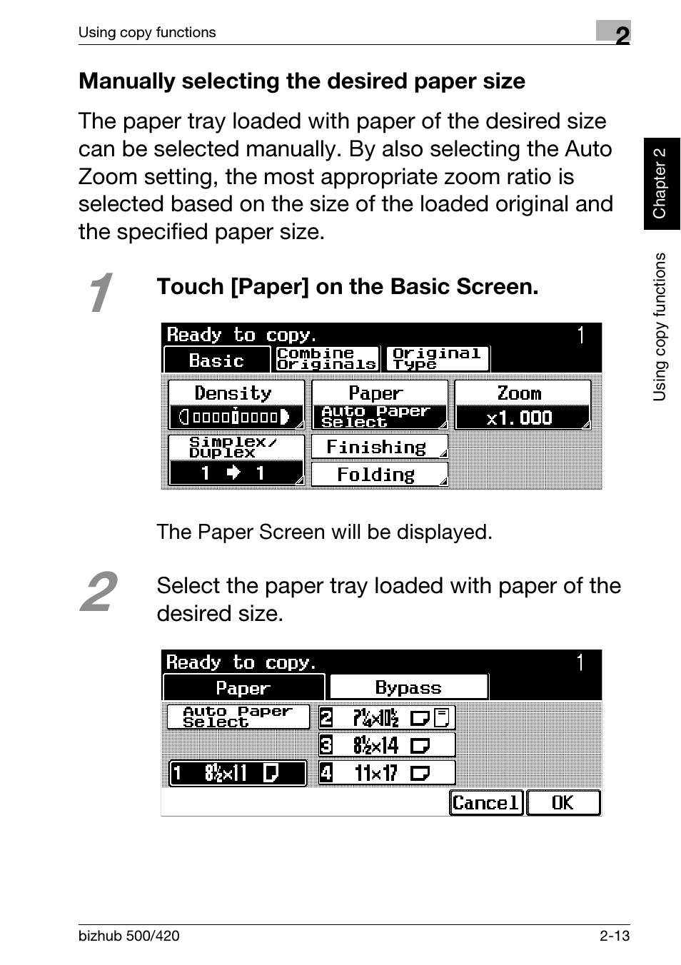 Manually selecting the desired paper size, Manually selecting the desired paper size -13 | Konica Minolta bizhub 500 User Manual | Page 49 / 150