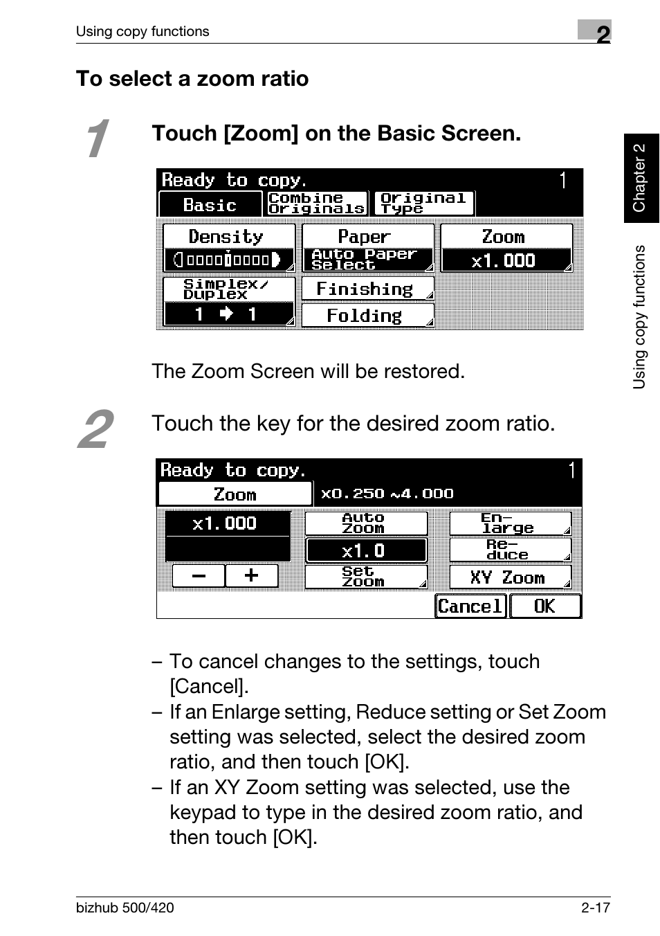 To select a zoom ratio, To select a zoom ratio -17 | Konica Minolta bizhub 500 User Manual | Page 53 / 150