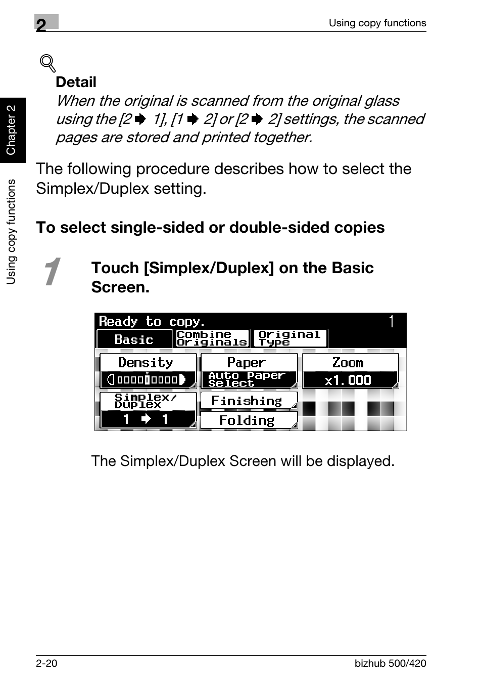 To select single-sided or double-sided copies, To select single-sided or double-sided copies -20, Touch [simplex/duplex] on the basic screen | Konica Minolta bizhub 500 User Manual | Page 56 / 150