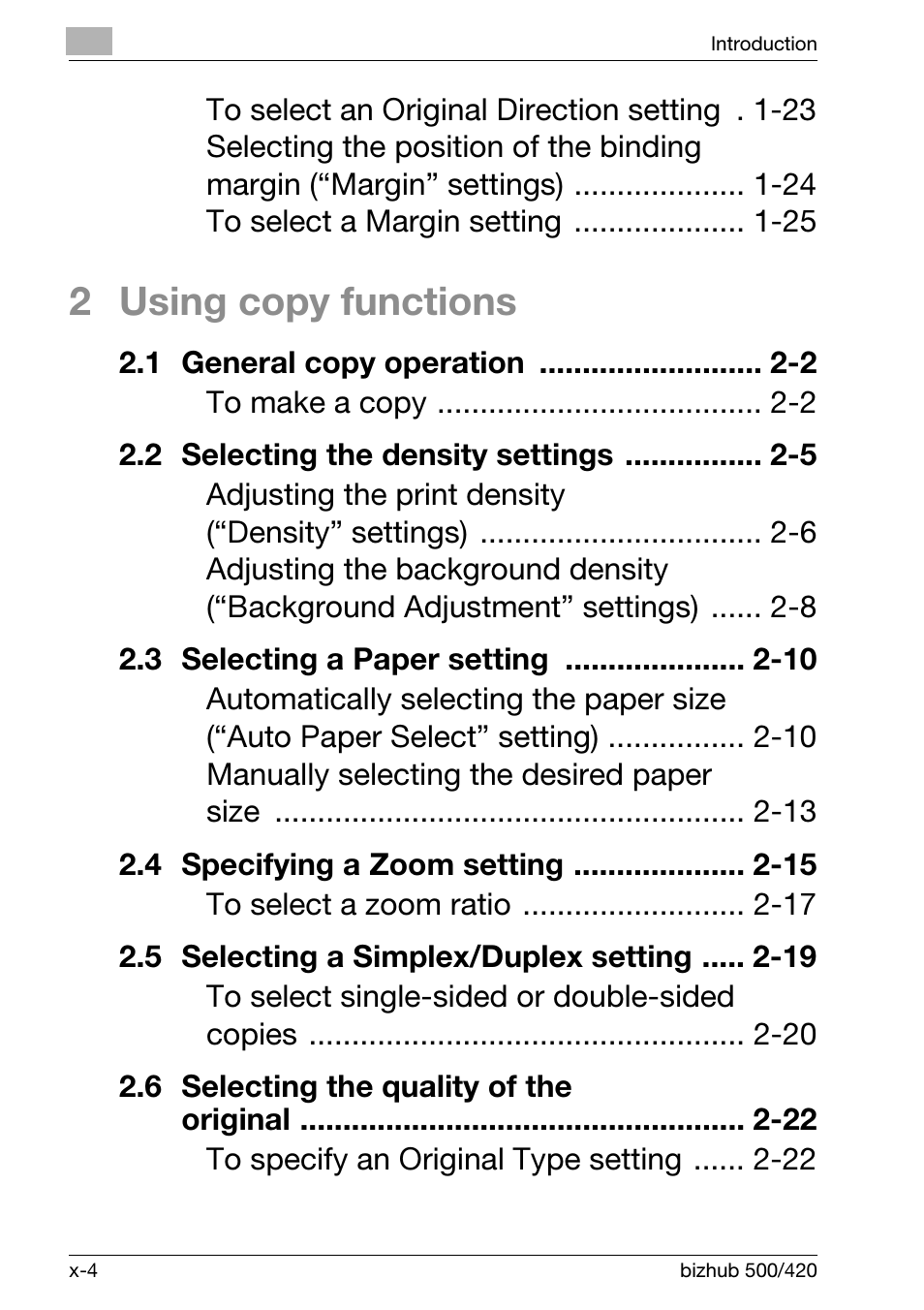 2 using copy functions | Konica Minolta bizhub 500 User Manual | Page 6 / 150