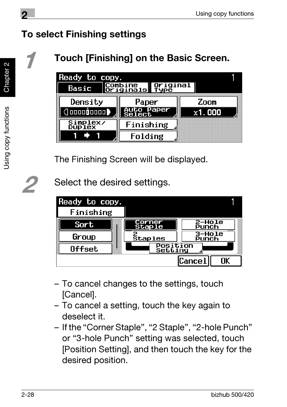 To select finishing settings, To select finishing settings -28 | Konica Minolta bizhub 500 User Manual | Page 64 / 150