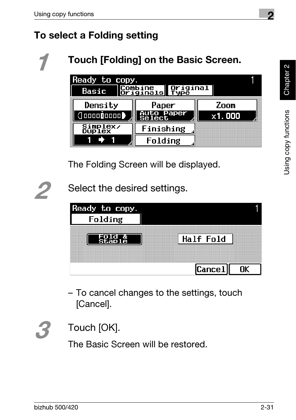 To select a folding setting, To select a folding setting -31 | Konica Minolta bizhub 500 User Manual | Page 67 / 150