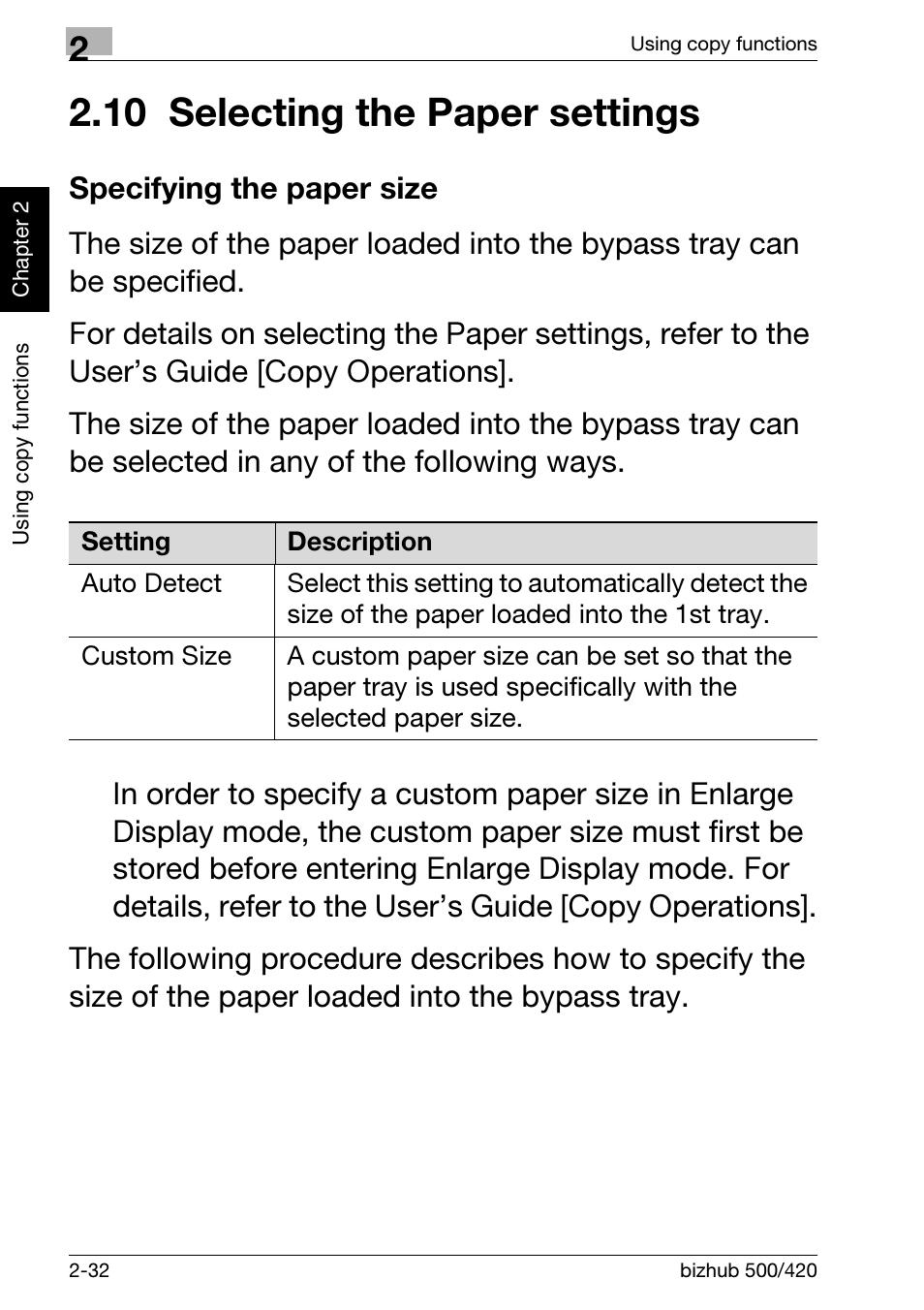 10 selecting the paper settings, Specifying the paper size, 10selecting the paper settings -32 | Specifying the paper size -32 | Konica Minolta bizhub 500 User Manual | Page 68 / 150