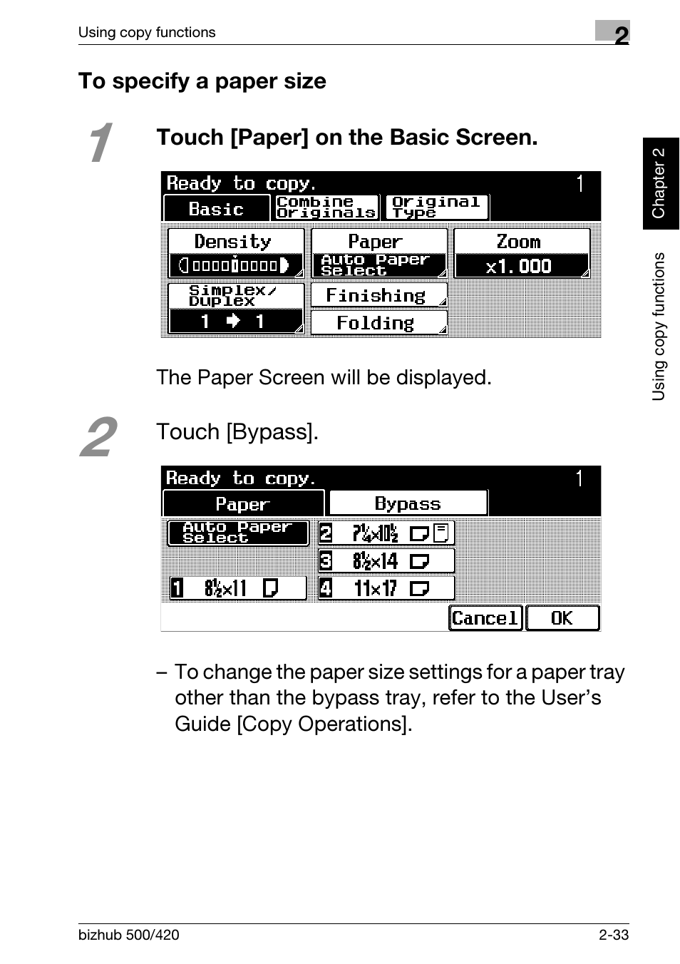 To specify a paper size, To specify a paper size -33 | Konica Minolta bizhub 500 User Manual | Page 69 / 150