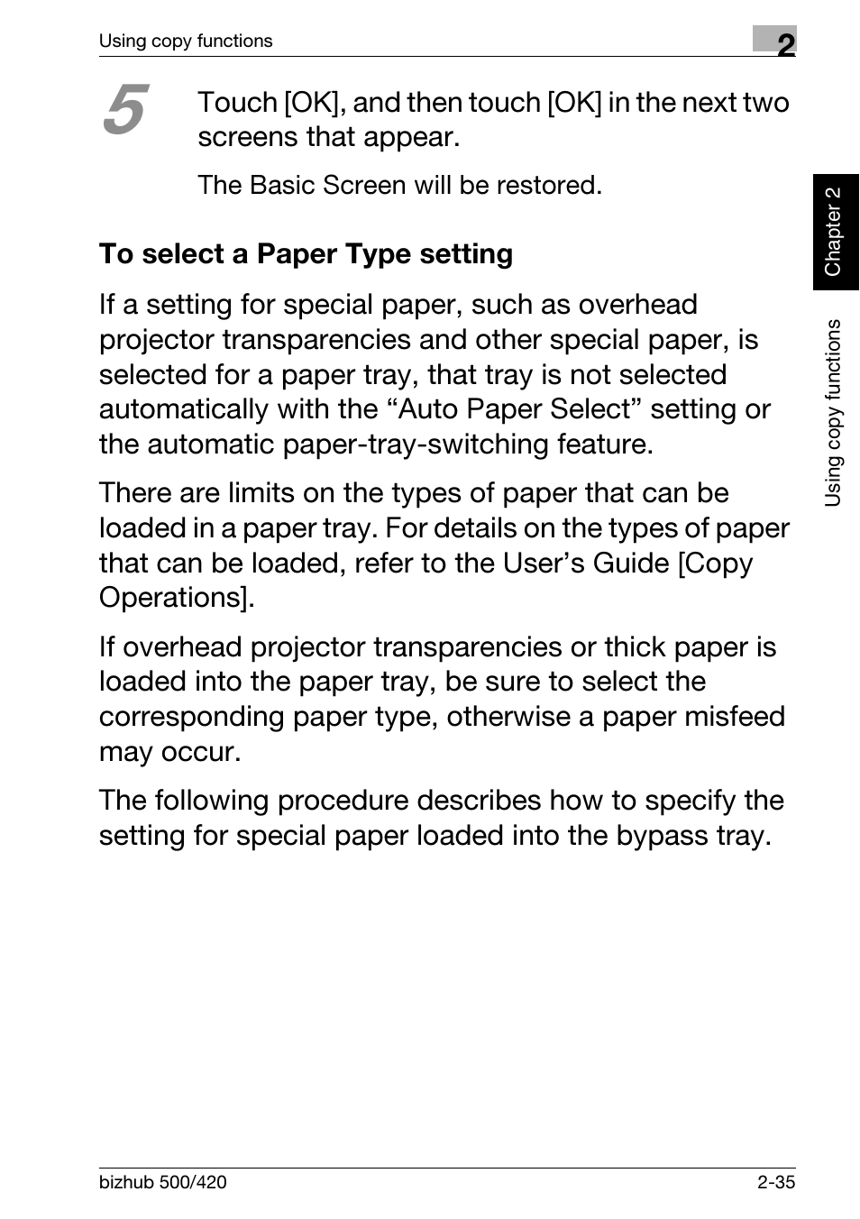 To select a paper type setting, To select a paper type setting -35 | Konica Minolta bizhub 500 User Manual | Page 71 / 150