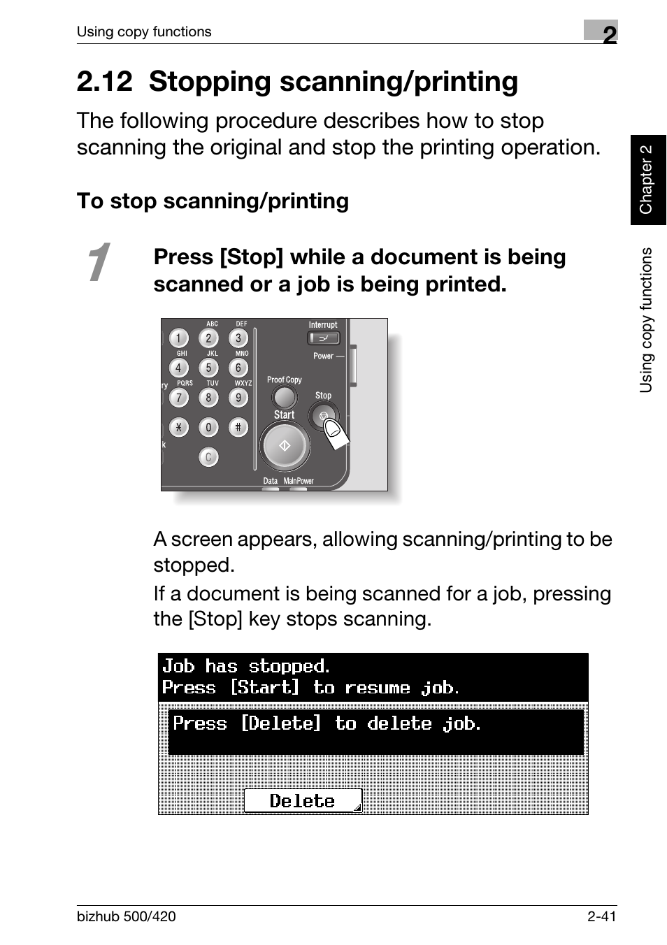 12 stopping scanning/printing, To stop scanning/printing, 12stopping scanning/printing -41 | To stop scanning/printing -41 | Konica Minolta bizhub 500 User Manual | Page 77 / 150