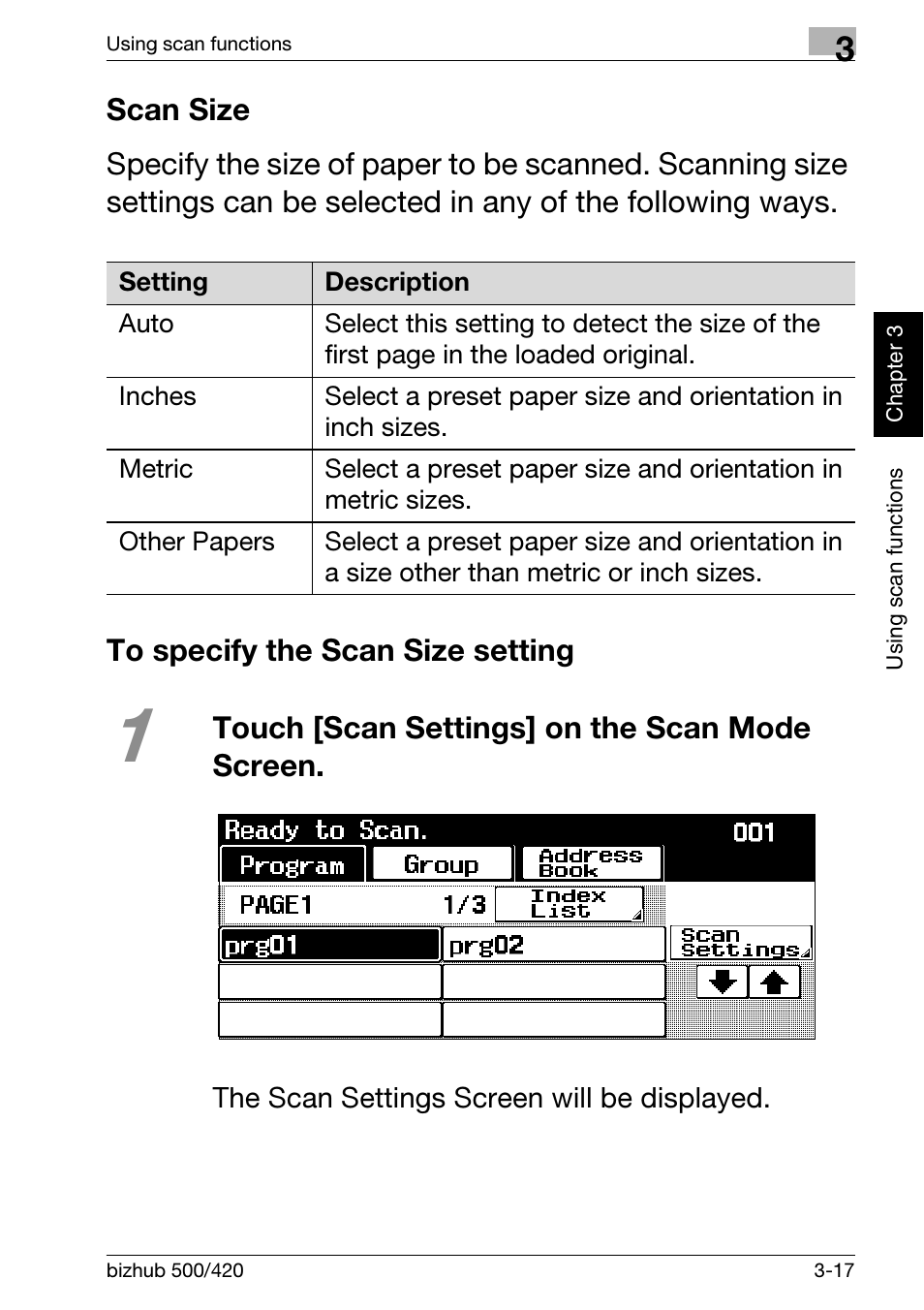 Scan size, To specify the scan size setting, Scan size -17 to specify the scan size setting -17 | Touch [scan settings] on the scan mode screen | Konica Minolta bizhub 500 User Manual | Page 95 / 150