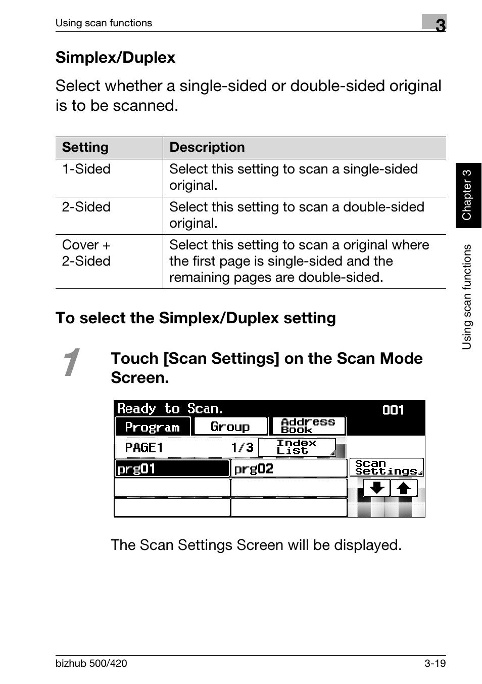 Simplex/duplex, To select the simplex/duplex setting, Touch [scan settings] on the scan mode screen | Konica Minolta bizhub 500 User Manual | Page 97 / 150