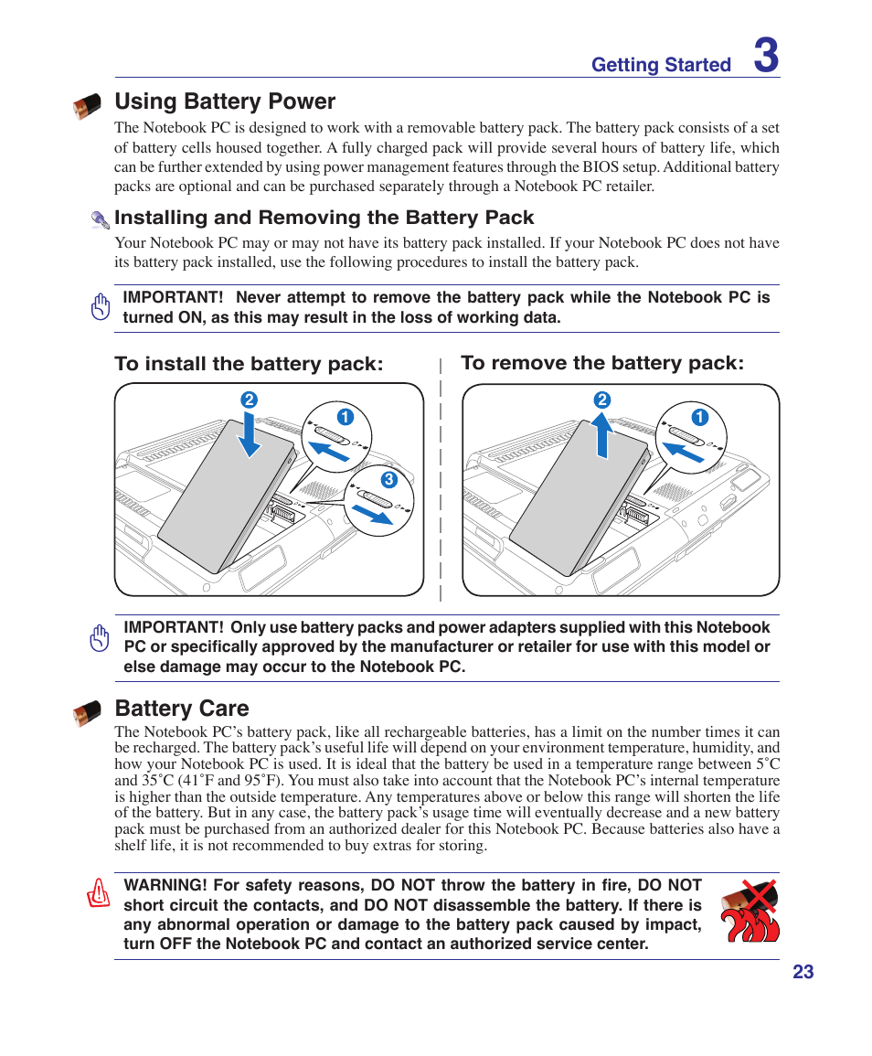 Using battery power, Battery care | Asus E3101 User Manual | Page 23 / 86